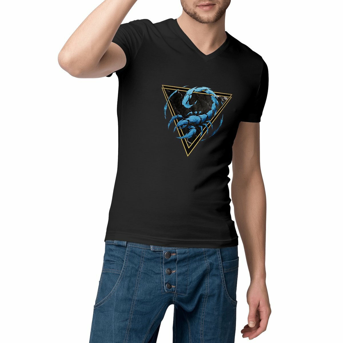 Image front T-shirt Col V Homme Scorpion Coton Bio - Style Ethnique Élément Eau