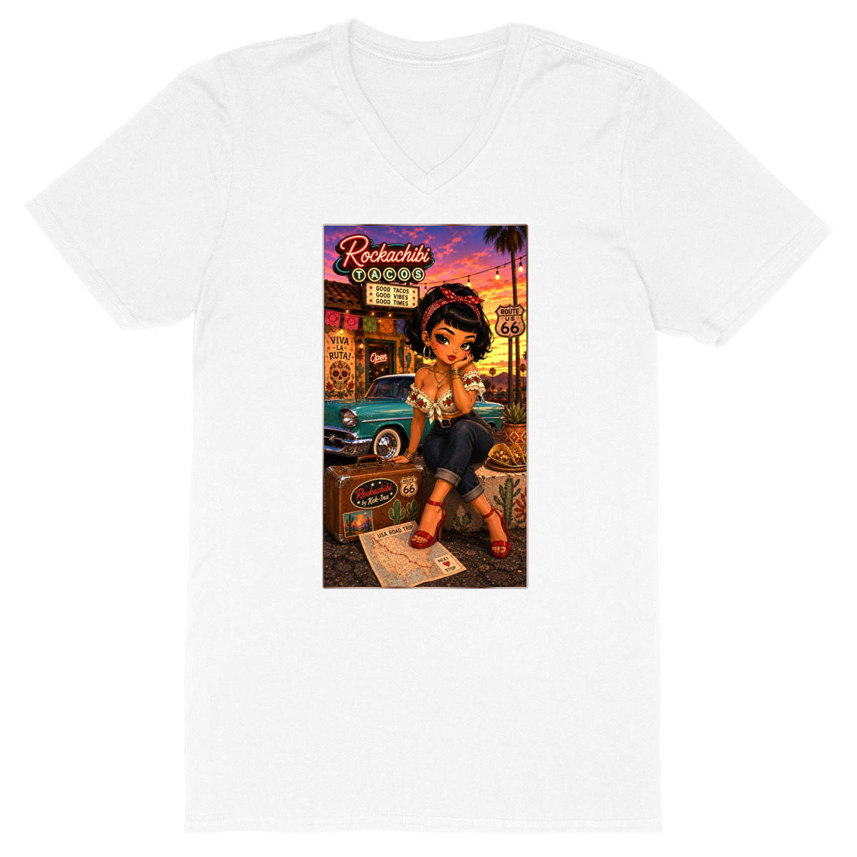 Image front T-shirt Col V Homme Rockabilly Viva La Ruta Pénélopé - Rockachibi