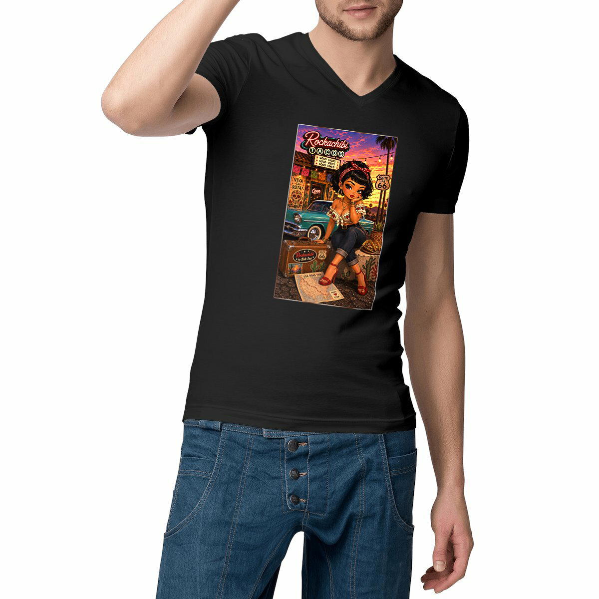 Image front T-shirt Col V Homme Rockabilly Viva La Ruta Pénélopé - Rockachibi