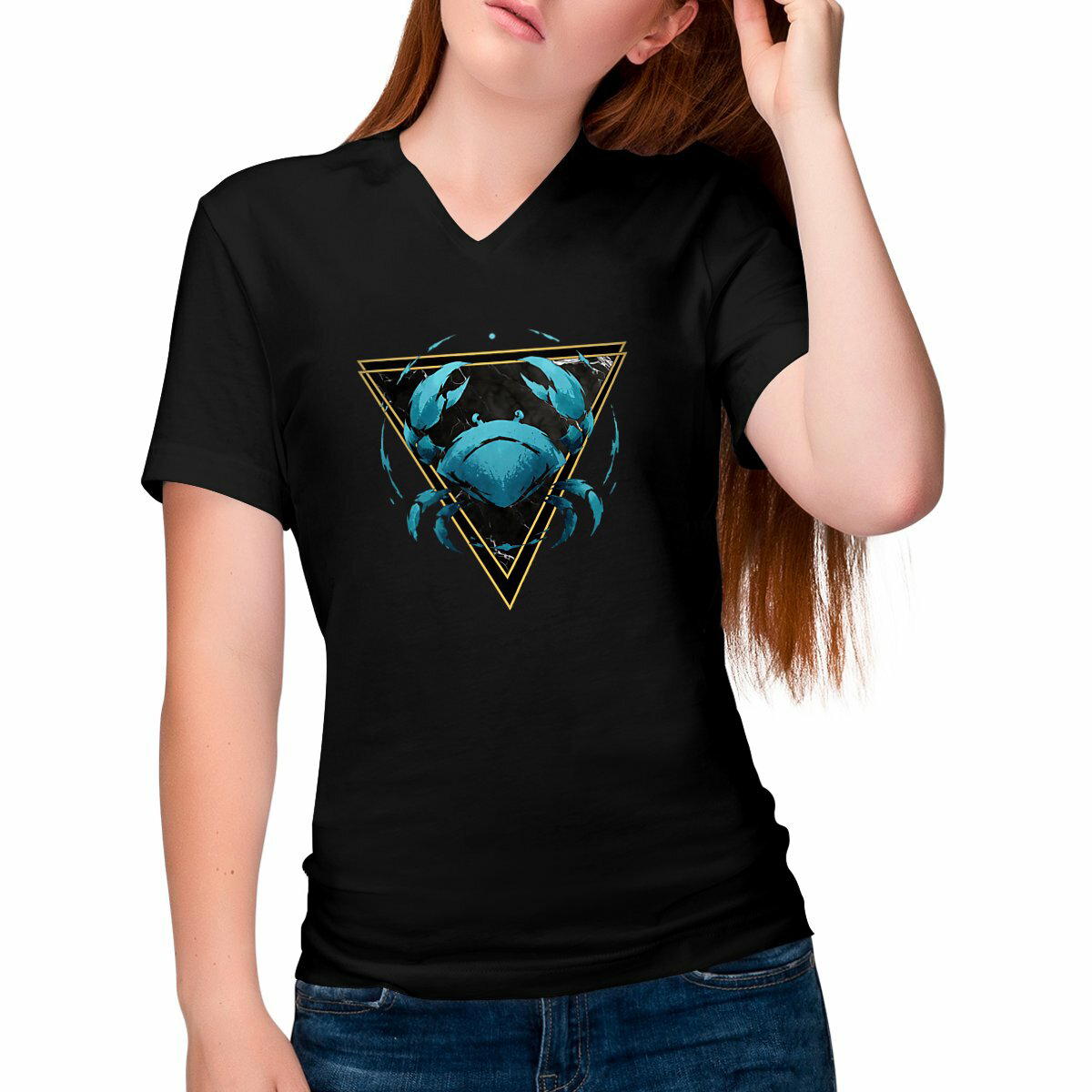 Image front T-shirt Col V Femme Cancer Coton Bio - Style Ethnique Élément Eau