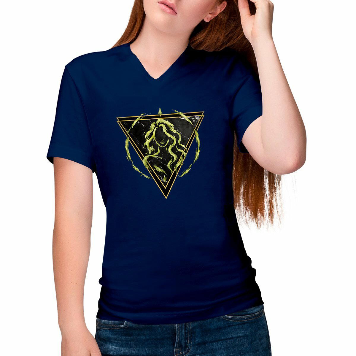 Image front T-shirt Col V Femme Vierge Coton Bio - Style Ethnique Élément Terre