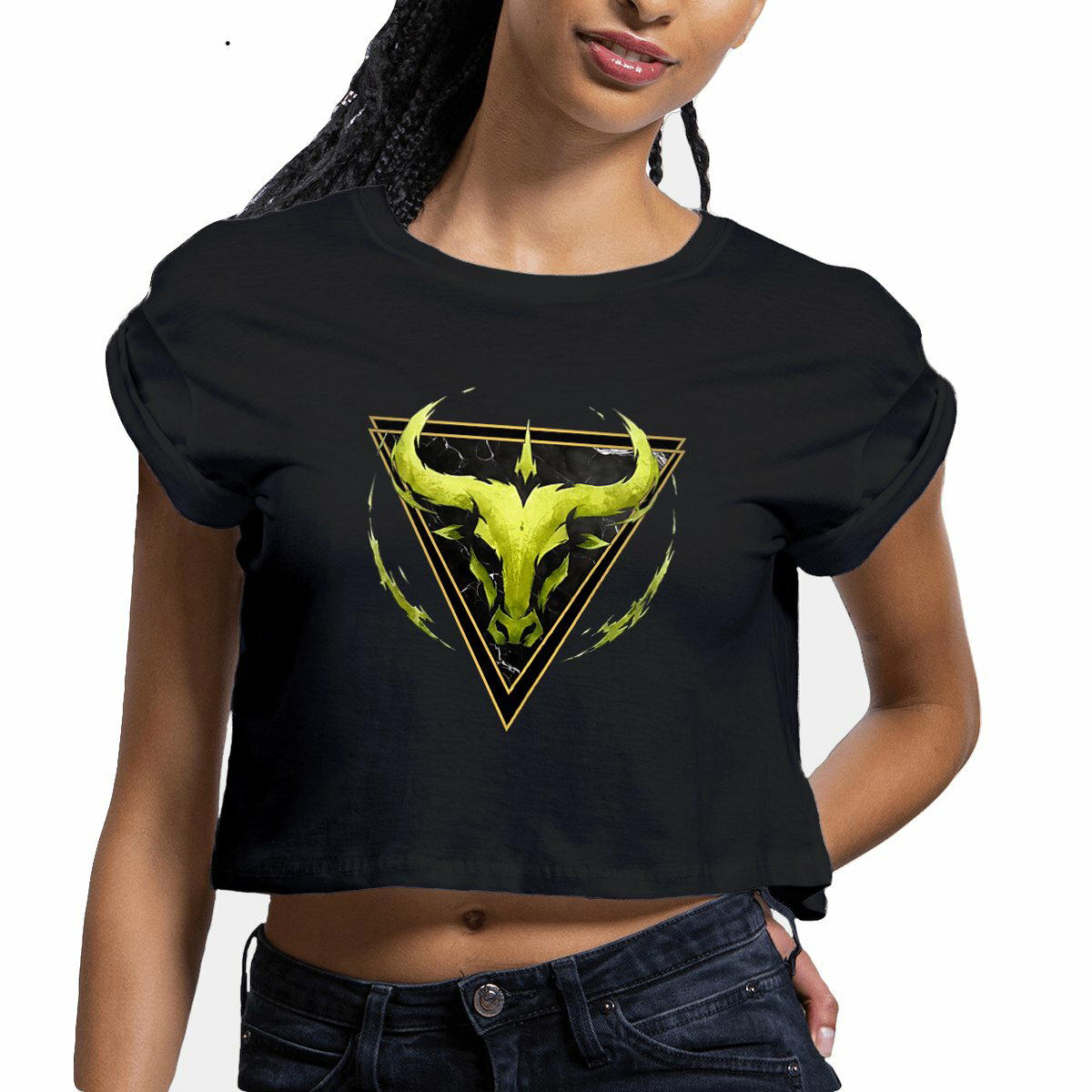 Image front Crop Top Femme Taureau en Coton Bio - Style Ethnique Élément Terre