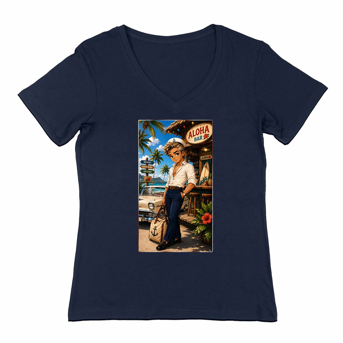 Image front T-shirt Col V Femme Rockabilly Sailor Boy Bruce - Rockachibi