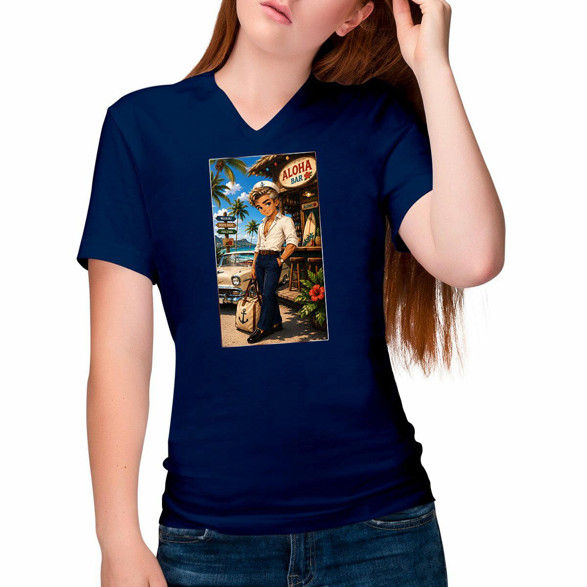 Image front T-shirt Col V Femme Rockabilly Sailor Boy Bruce - Rockachibi
