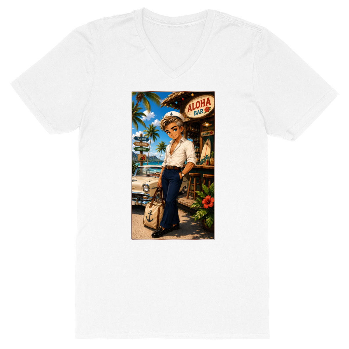Image front T-shirt Col V Homme Vintage Tiki Aloha Bar Bruce - Rockachibi