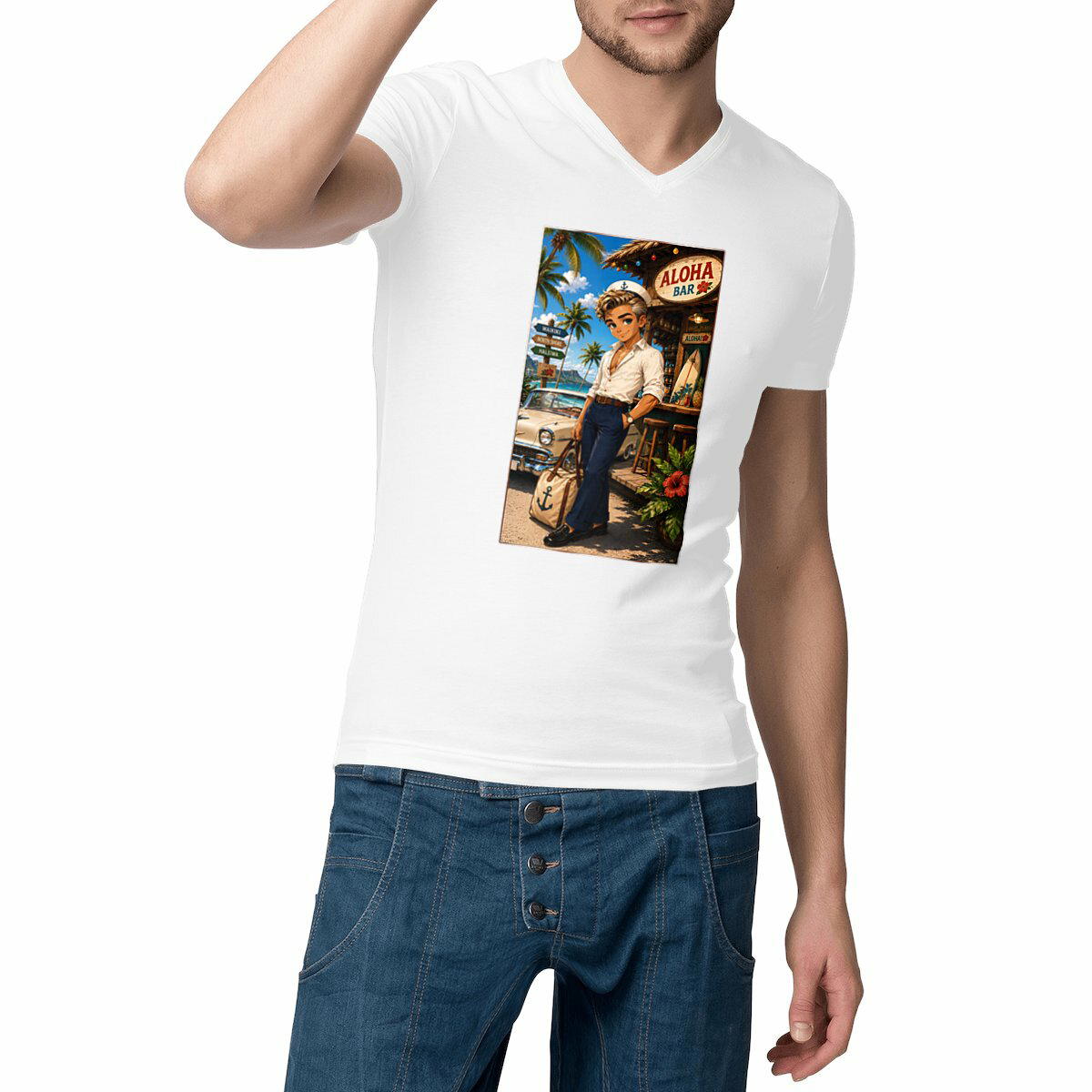 Image front T-shirt Col V Homme Vintage Tiki Aloha Bar Bruce - Rockachibi
