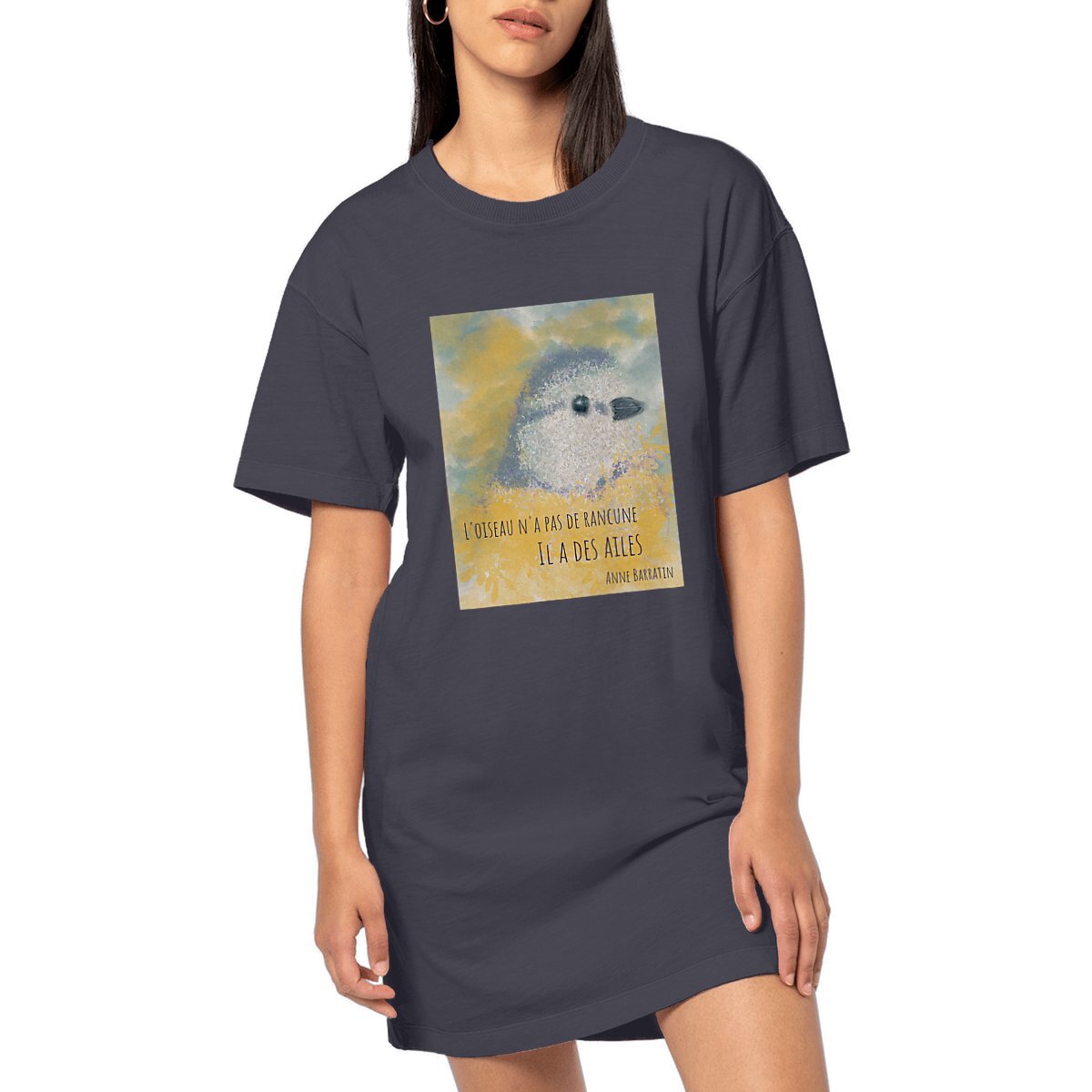 Image front L'oiseau n'a pas de rancune : Robe T-shirt femme coton peigné bio