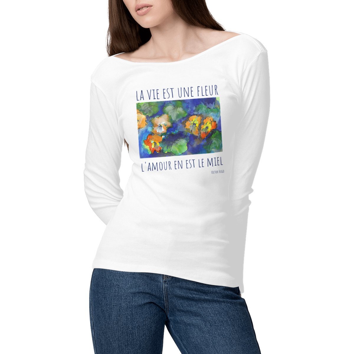 Image front La vie est une fleur : T-shirt femme léger manches longues, 100% coton peigné bio