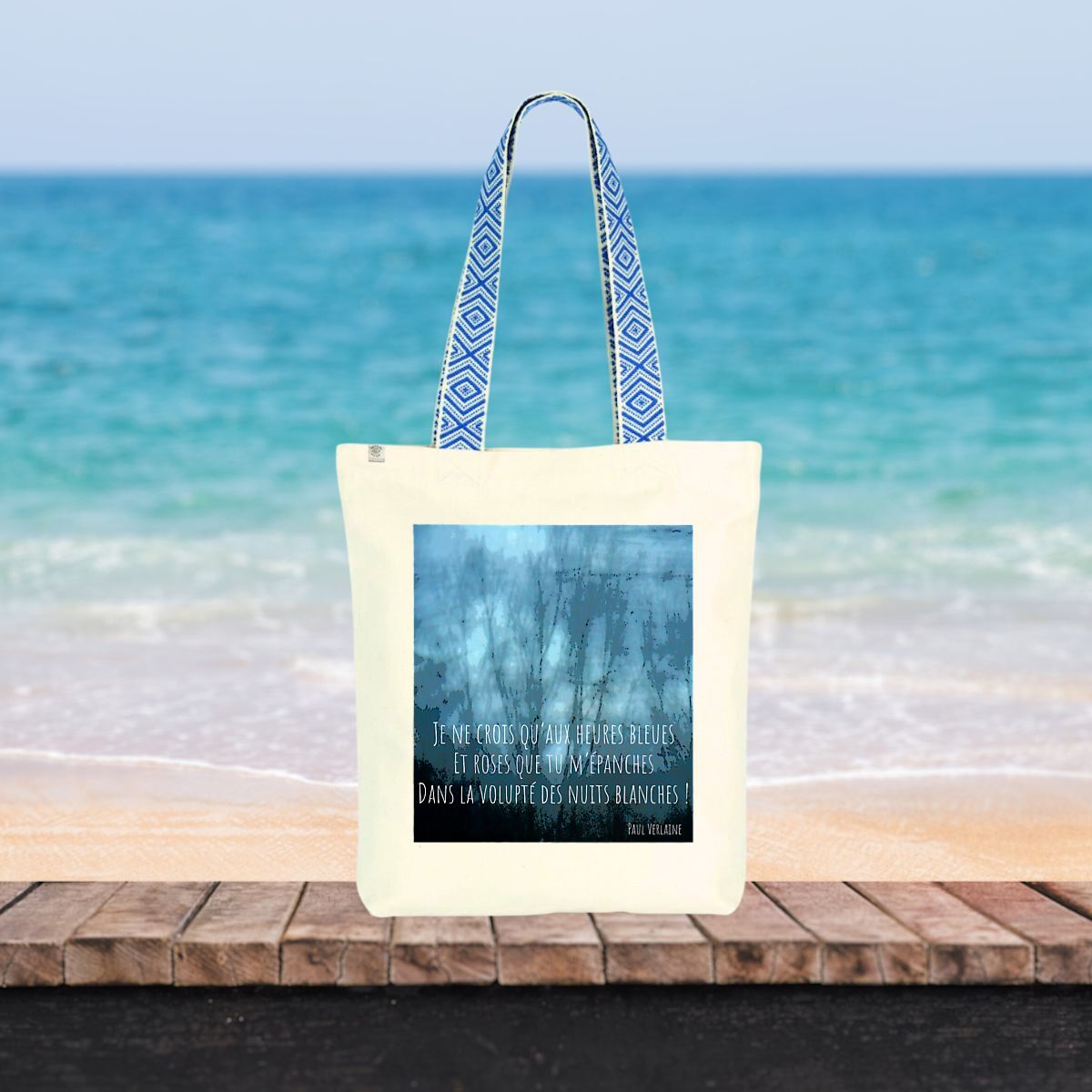 Image front L’heure bleue : totebag ethnique 80% coton et 20% polyester recyclés