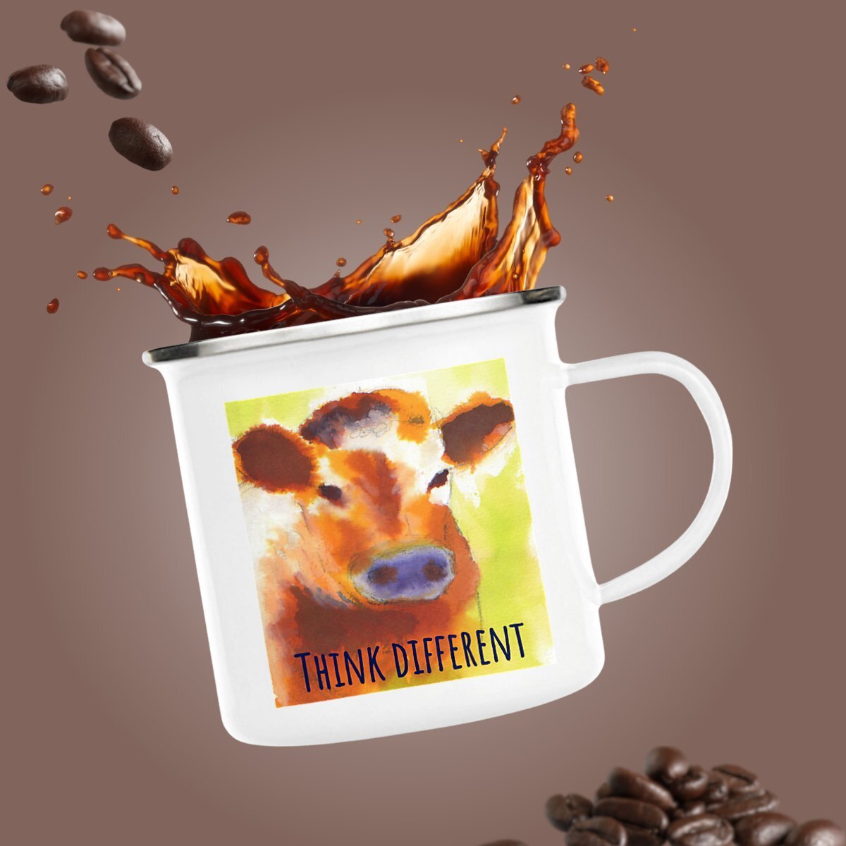 Image front think different : mug métal, peinture émaillée