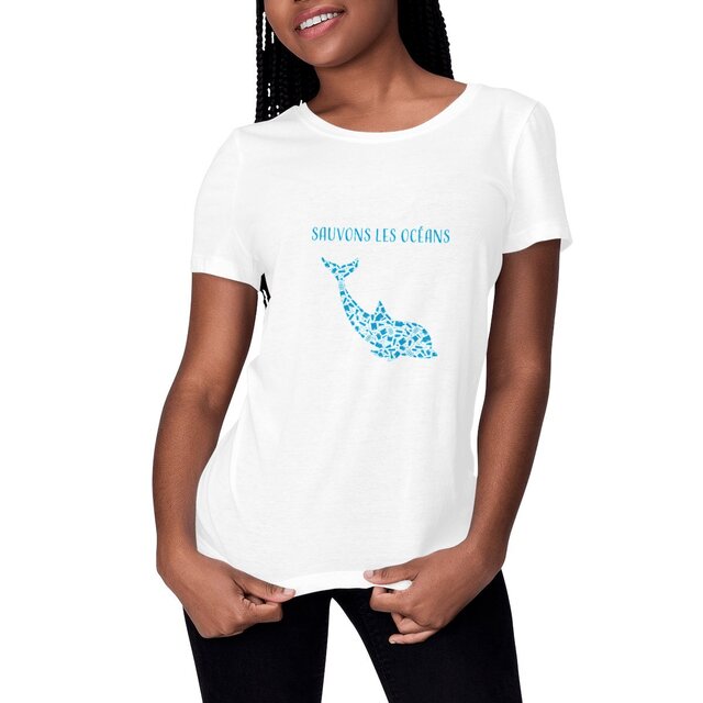 Image front T-shirt femme sauvons les océans dauphin