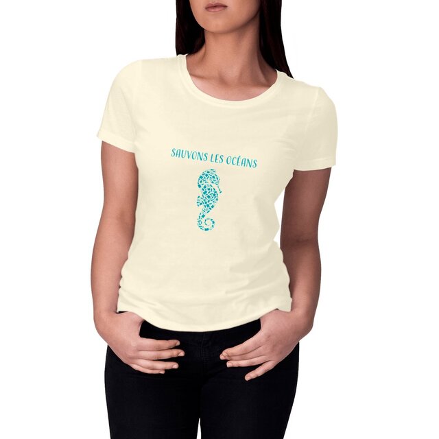 Image front T-shirt femme sauvons les océans hippocampe