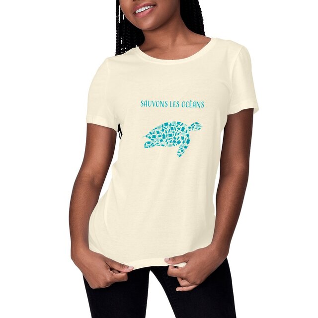 Image front T-shirt femme sauvons les océans tortue