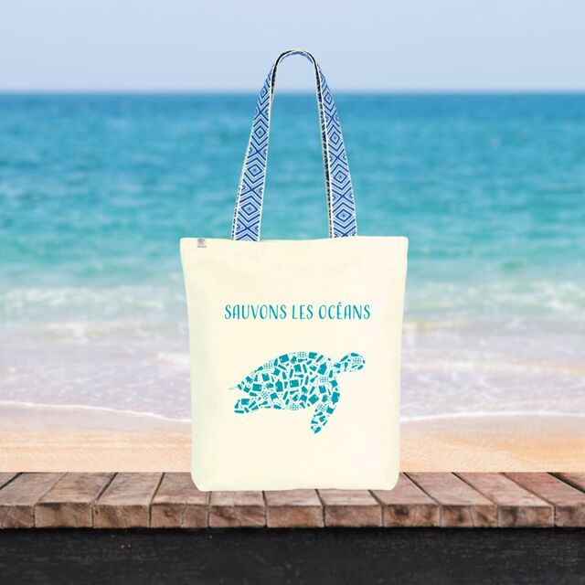 Image front Sac coton ethnique sauvons les océans tortue