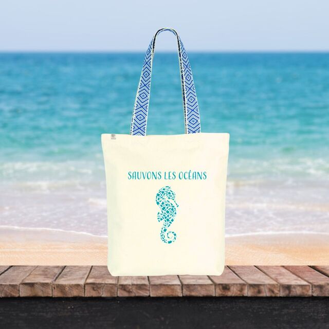 Image front Sac coton ethnique sauvons les océans hippocampe
