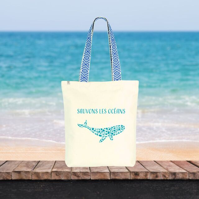 Image front Sac coton ethnique sauvons les océans baleine