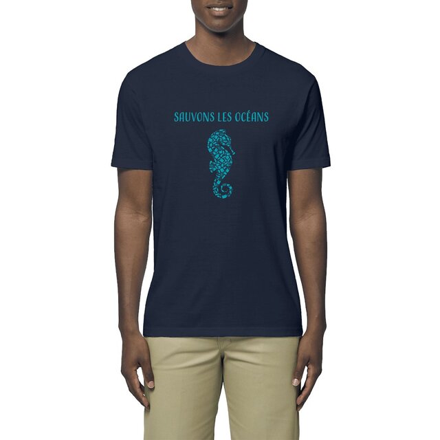 Image front T-shirt homme sauvons les océans hippocampe
