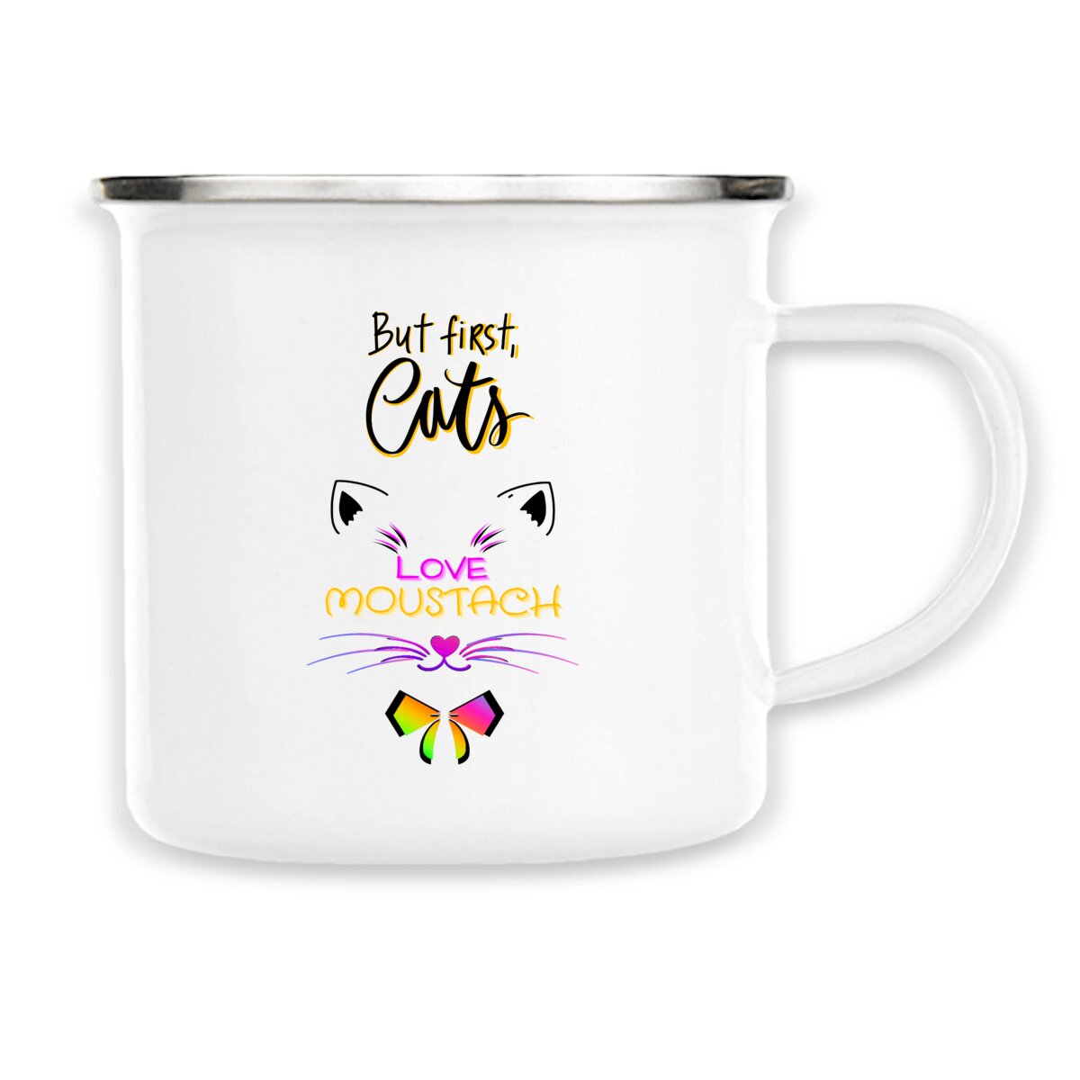 Image back MUG LOVE MOUSTACH SLOGAN "BUT FIRST CATS"