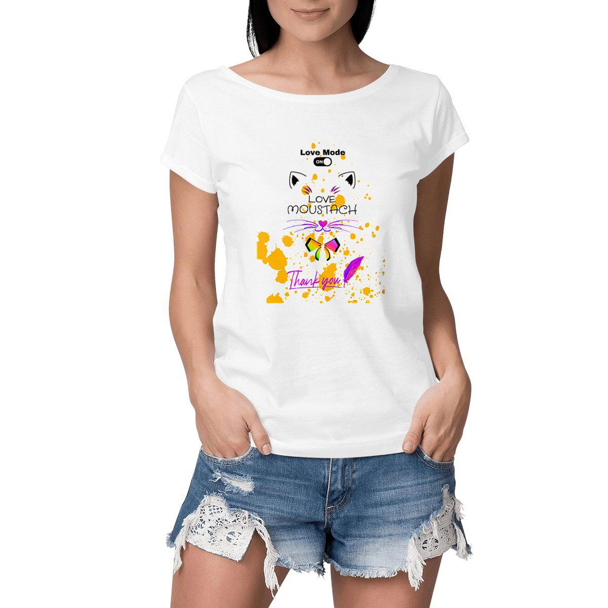 Image front T-SHIRT FEMME LOVE MOUSTACH MODE ON