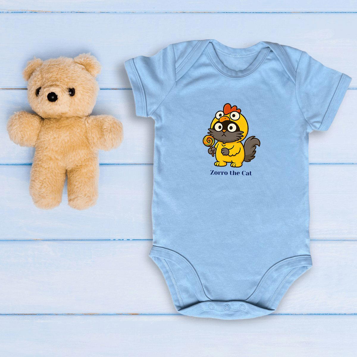 Baby Bodysuit with Zorro The Cat in a funny chicken costume