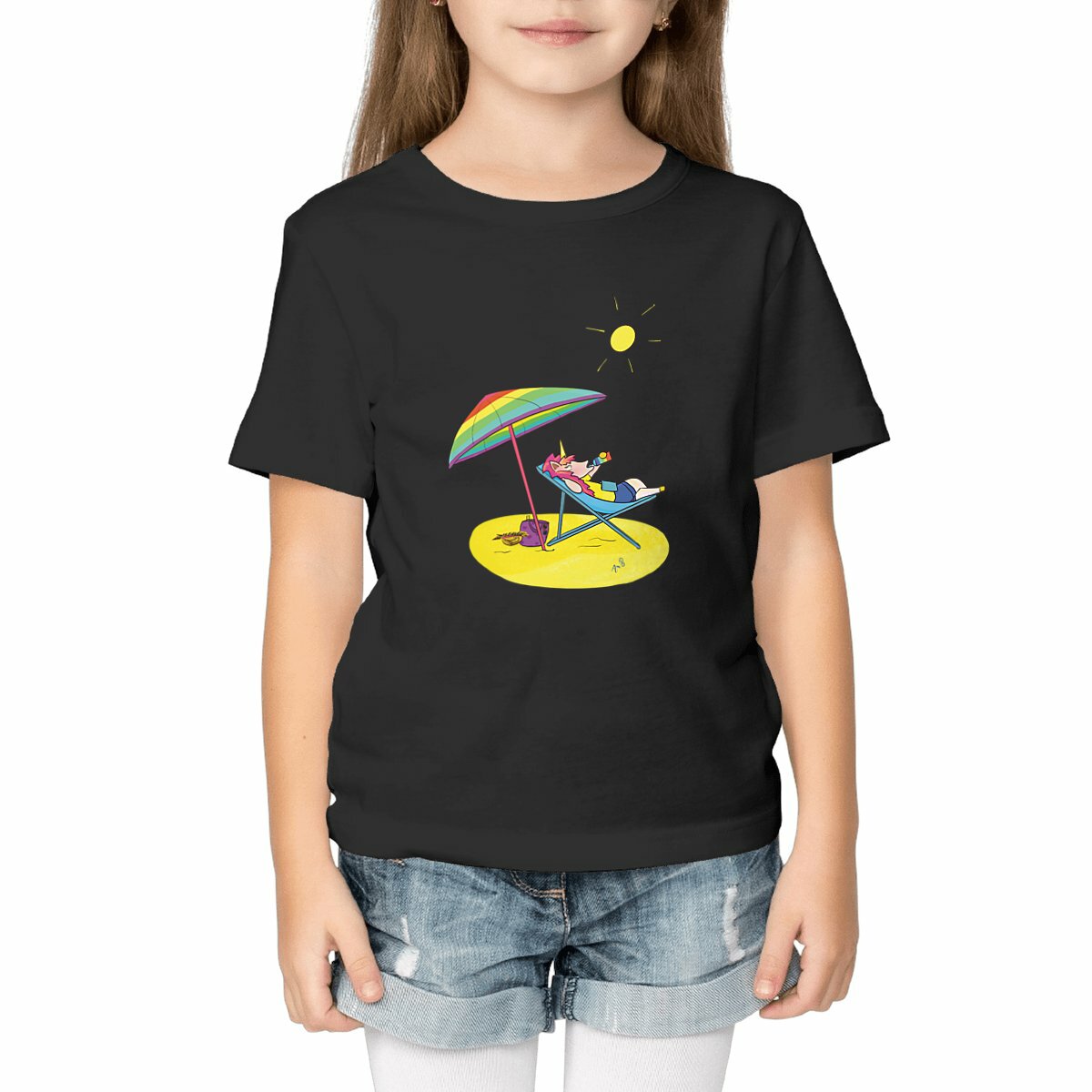 Image front T-shirt enfant licorne à la plage