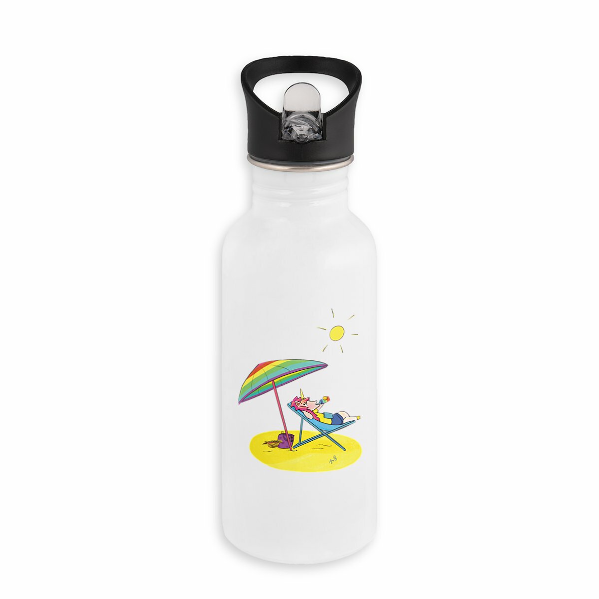 Image back Gourde inox licorne à la plage personnalisable 