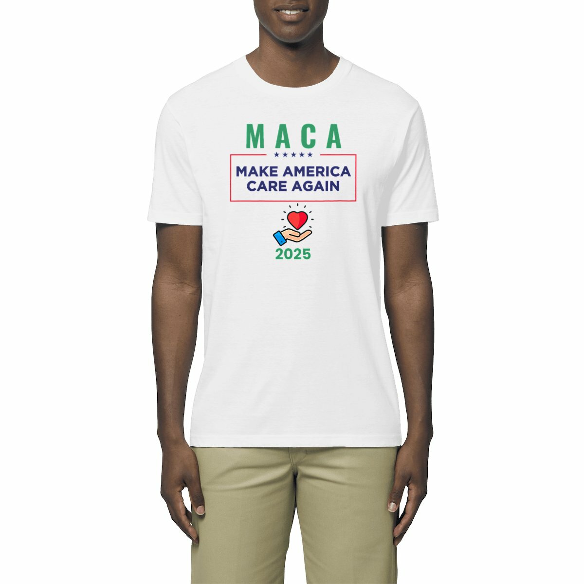 Image front Funny "MACA Make America Care Again 2025" MAGA Hippie Memorabilia Lightweight Unisex Organic Cotton Premium Tee