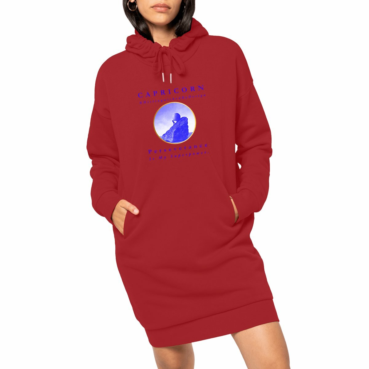 Image front ♑︎ Capricorn Perseverance Women's Organic Cotton Upcycled Premium Hoodie Dress