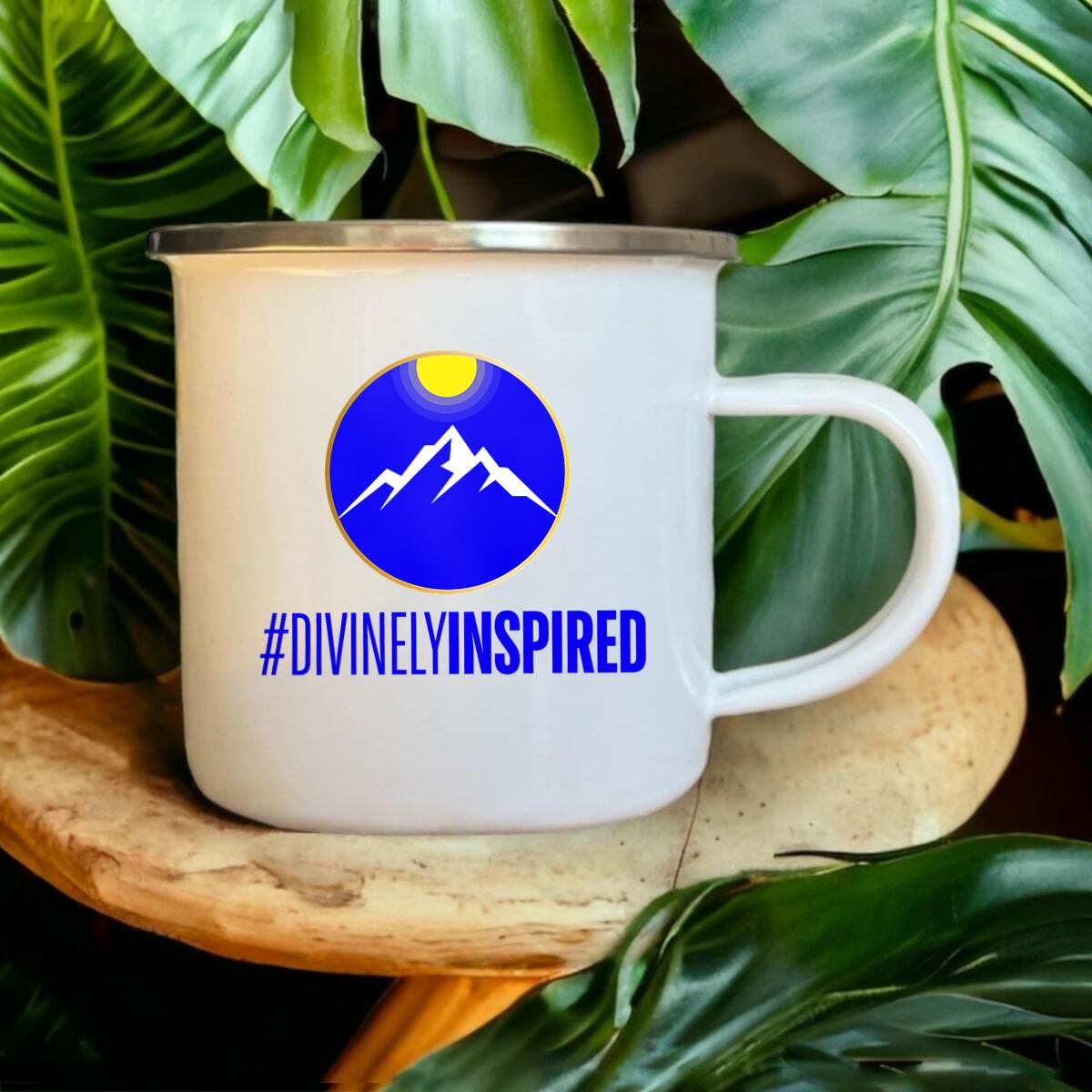 Image front #DivinelyInspired Enamel-Coated Metal Tea Mug