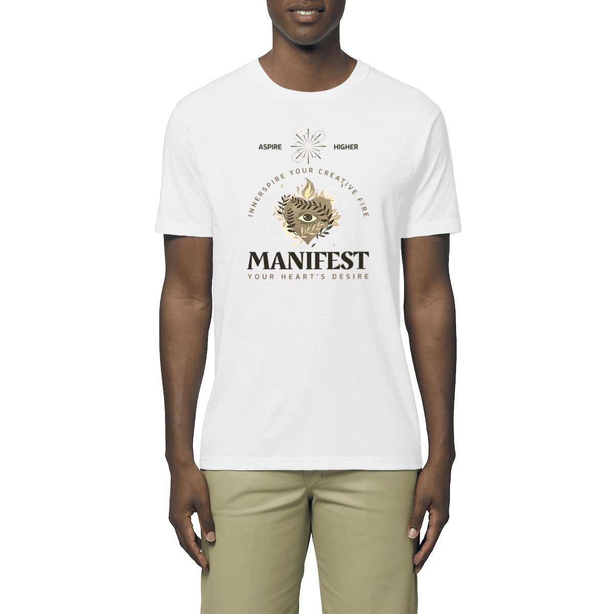 Image front "Innerspire Your Creative Fire Aspire Higher Manifest Your Heart's Desire" Lightweight Unisex Organic Cotton Premium Tee