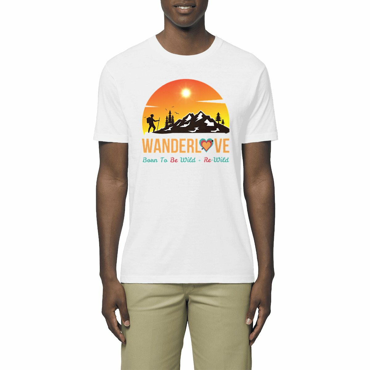 Image front "Wanderlove Born To Be Wild & Re-Wild" Hiking & Backpacking Nature Lovers Outdoor Adventure Lightweight Unisex Organic Cotton Premium Tee