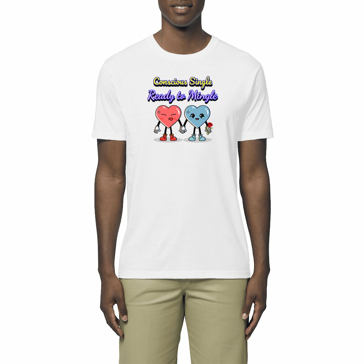 Image front "Conscious Single Ready to Mingle" Manifest Love T-Shirt Lightweight Unisex Organic Cotton Premium Tee