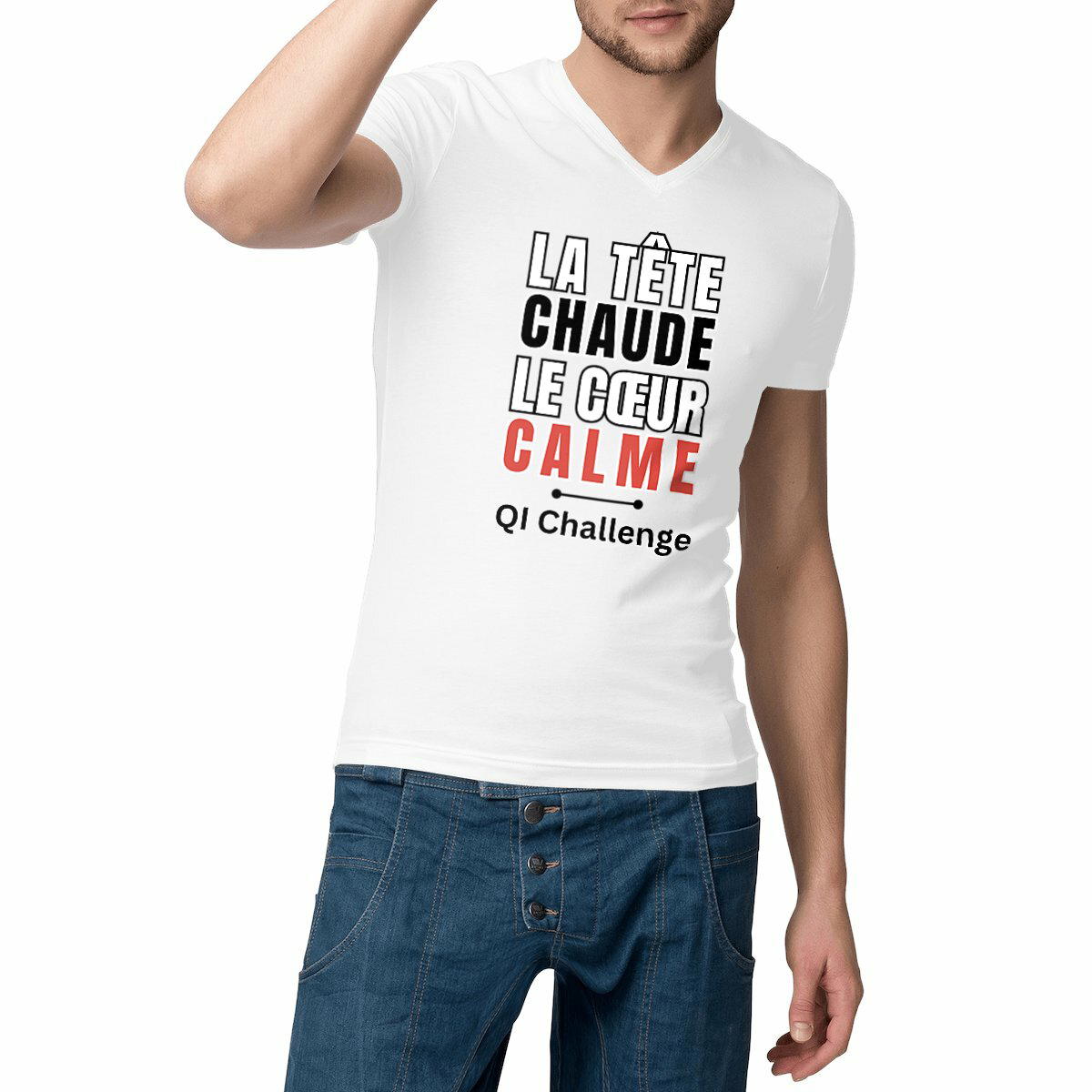 T-shirt Homme Col V – “La tête chaude, le cœur calme” | QI Challenge