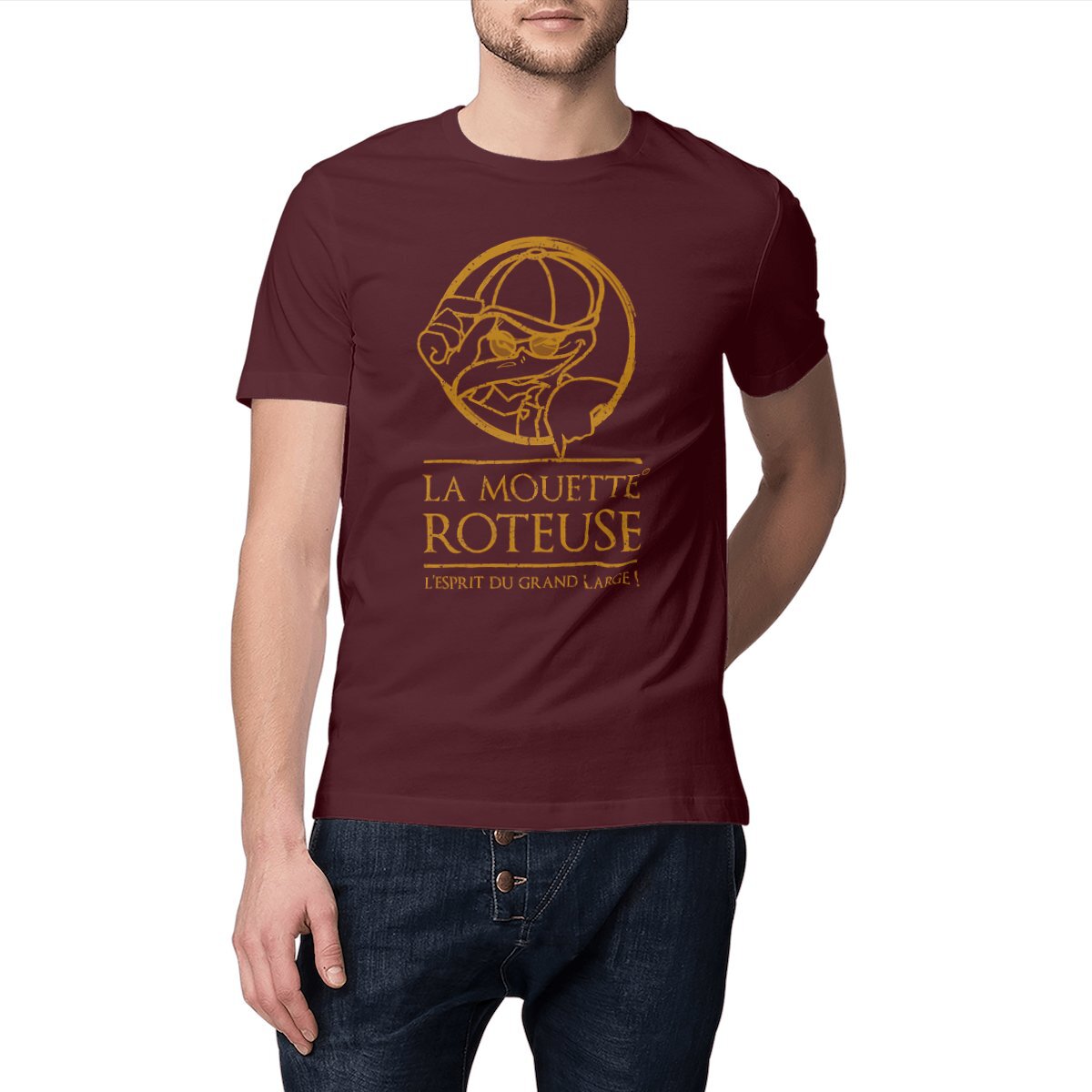 Image front Tee-shirt-la-mouette-roteuse-unisexe-bad-ass-logo-dessin-couleur-or