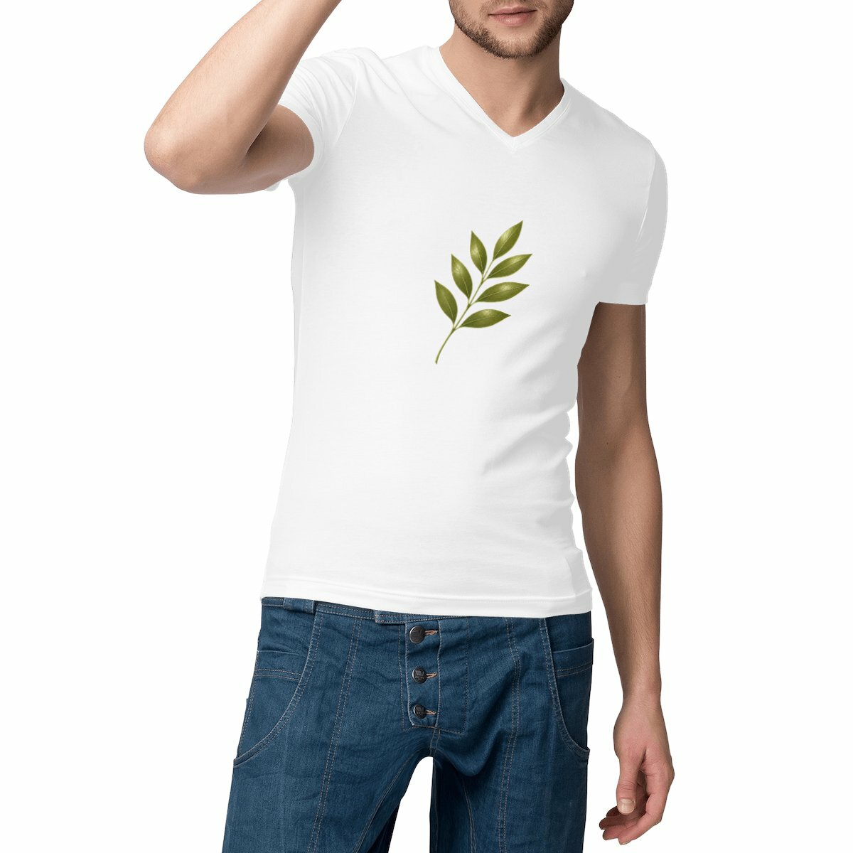 T-shirt Homme Col V - Élégance Naturelle avec Tige et Feuilles
