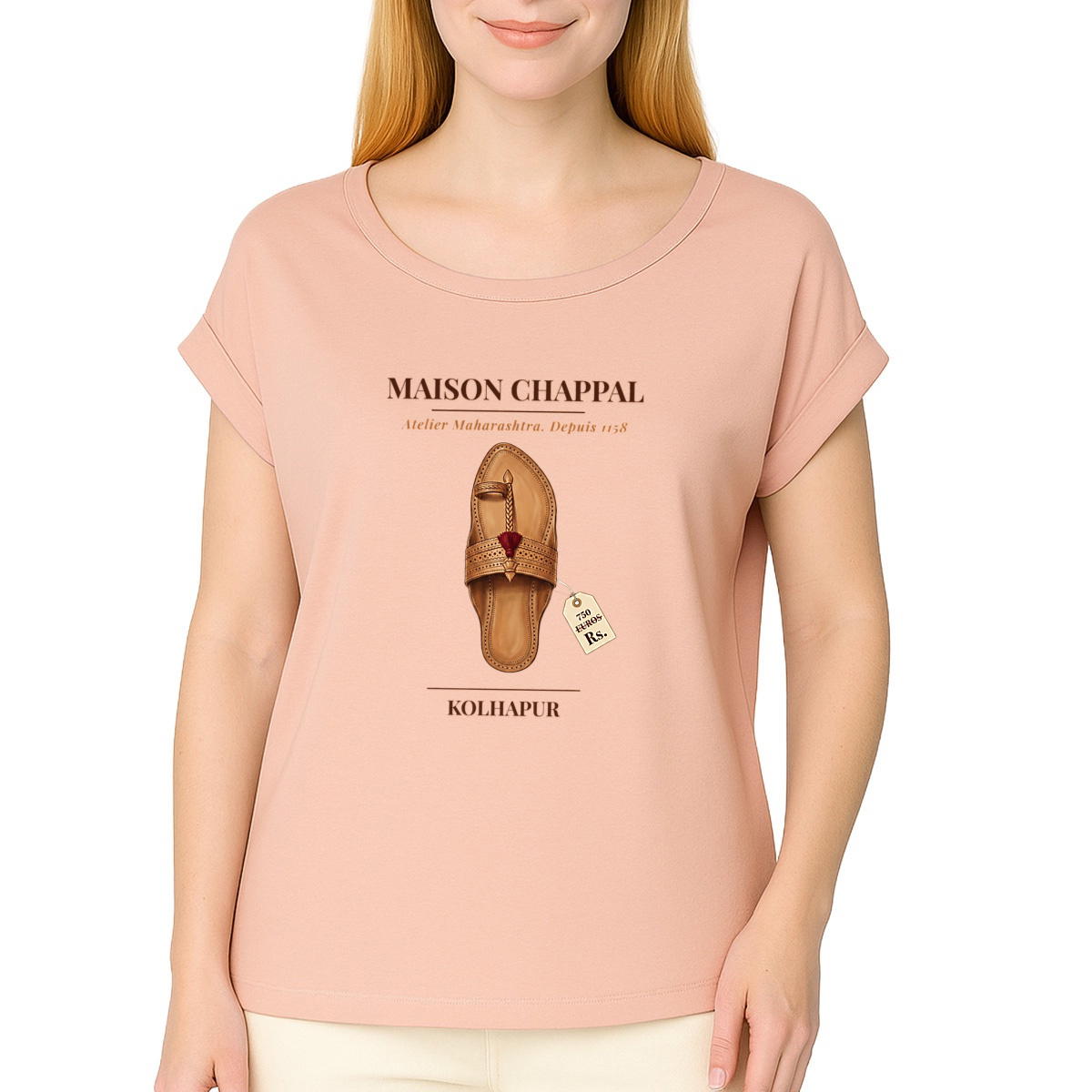 Women's organic t-shirt with cuffed sleeves - Maison Chappal Kolhapuri Style