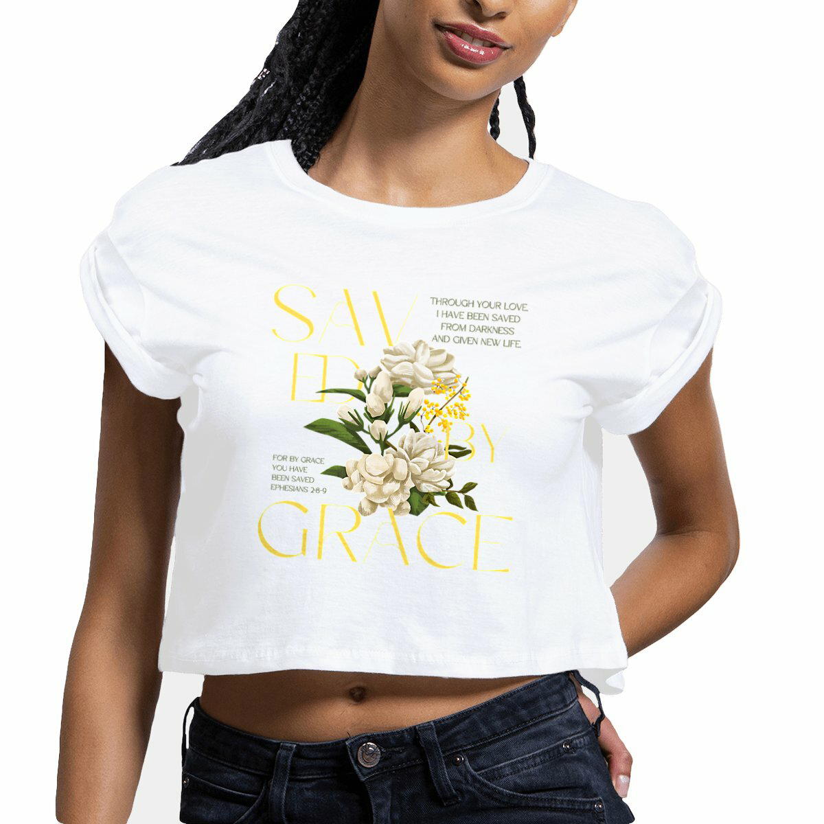 Image front crop top "Saved by Grace"