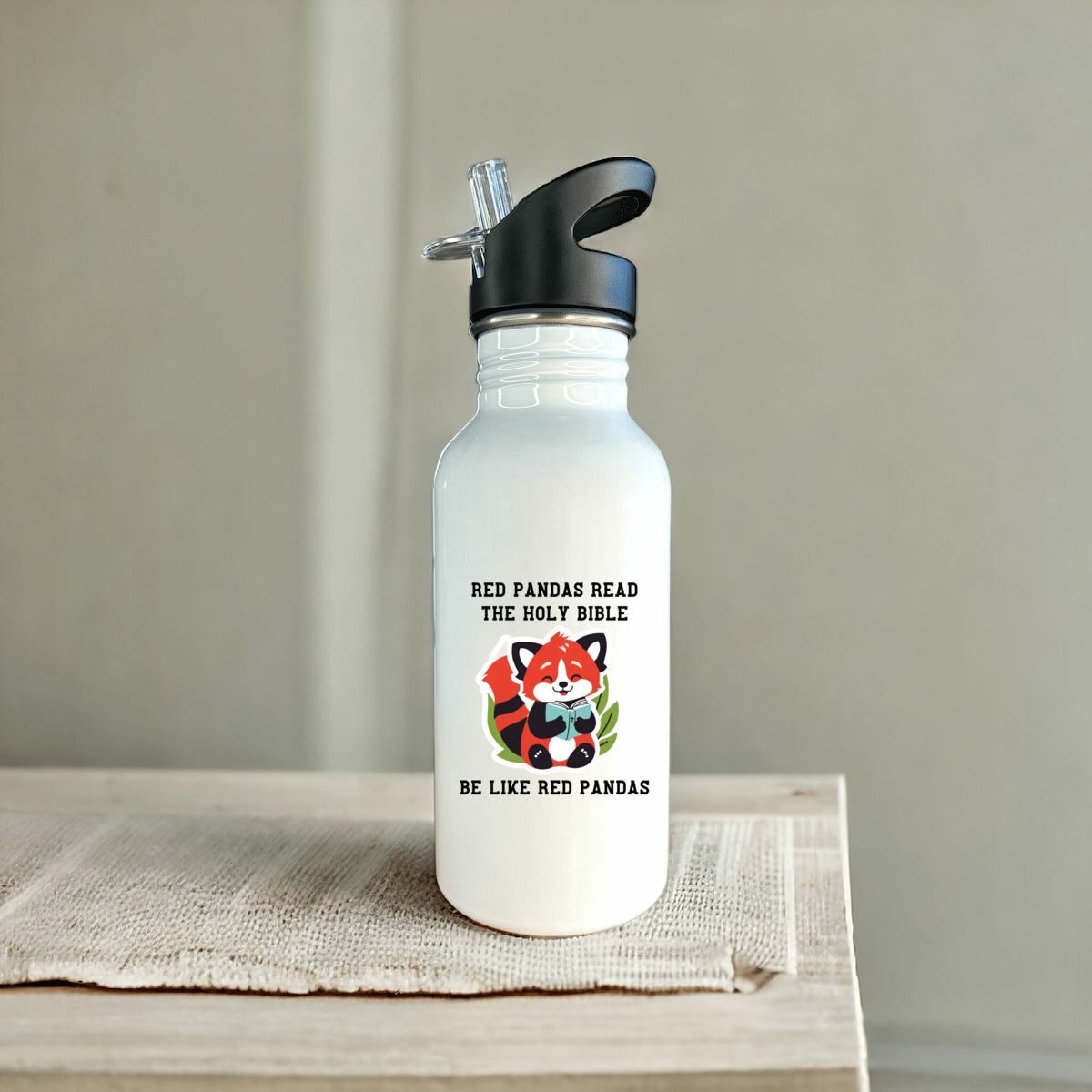 Image front Stainless steel water bottle with straw Premium+ be like red pandas