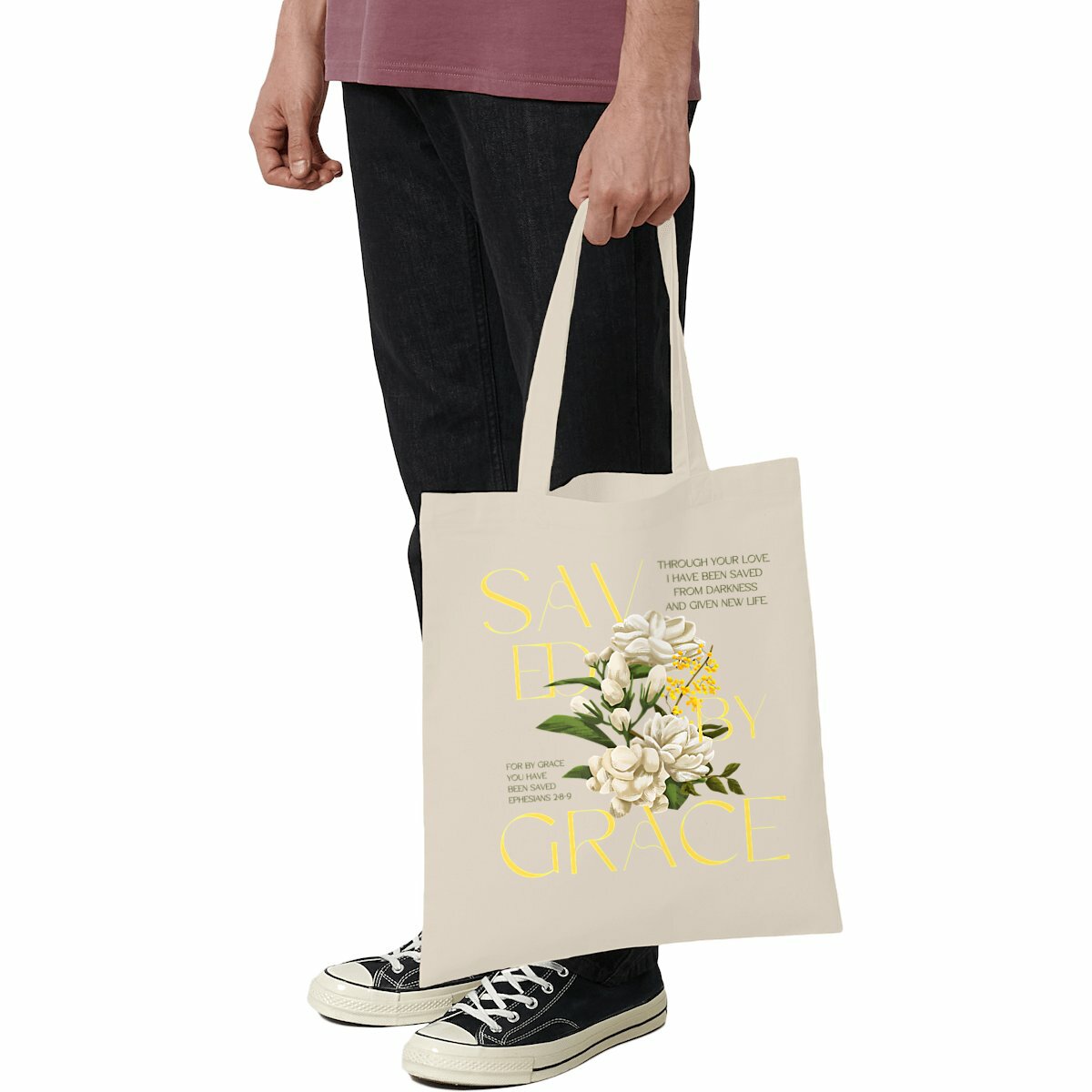 Image front light totebag "Saved by Grace"