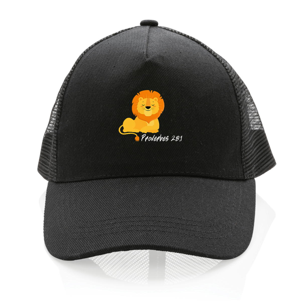 Image front 100% recycled Trucker cap Proverbes 28:1 