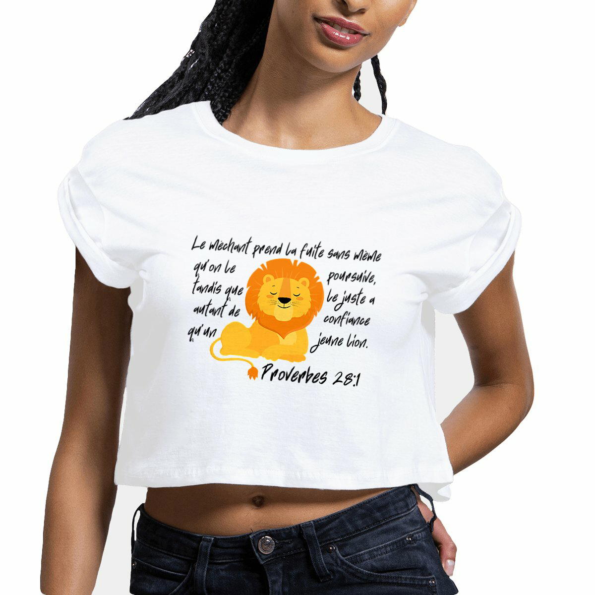 Image front Women's crop top Premium+ Proverbes 28:1 