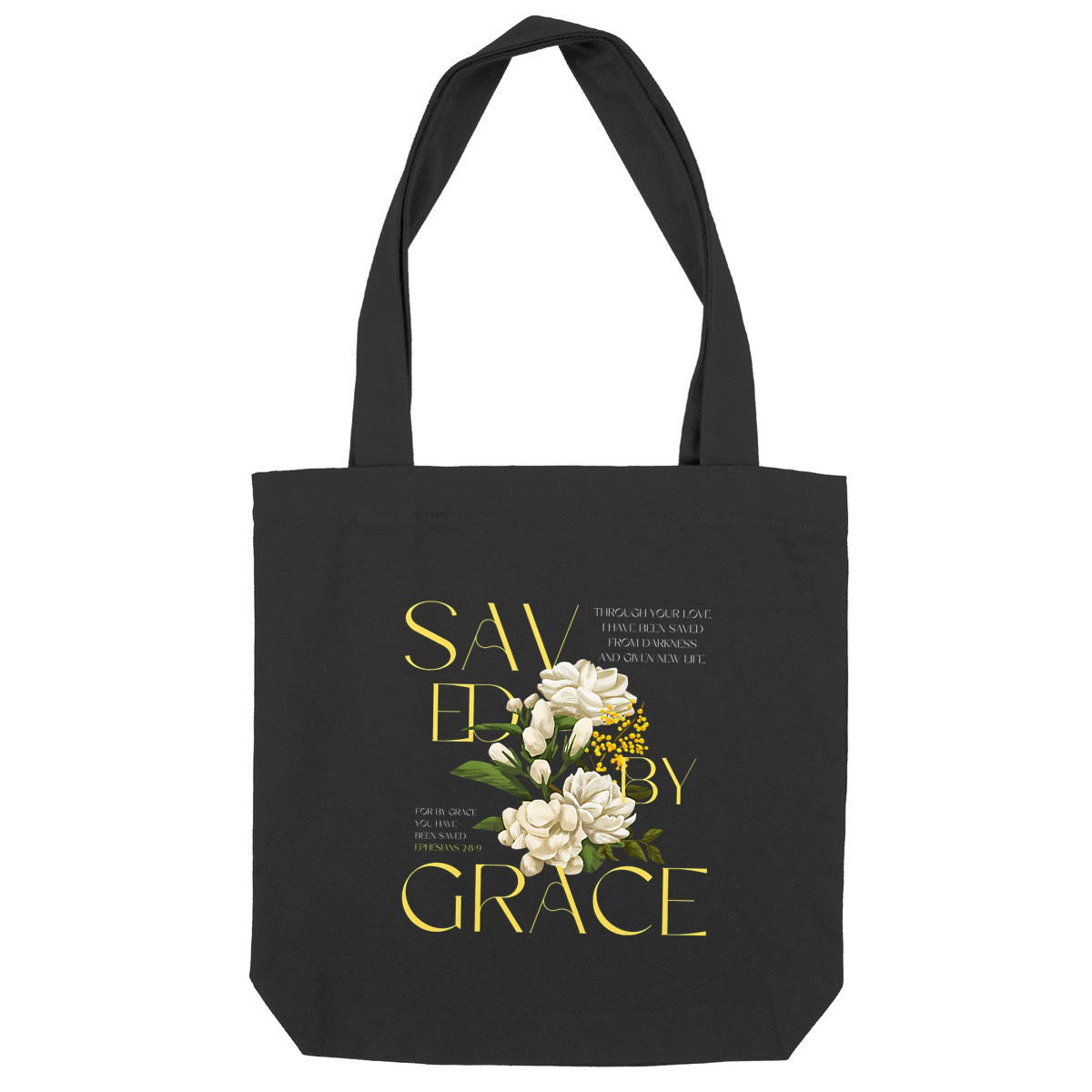 Image back heavy totebag "Saved by Grace"