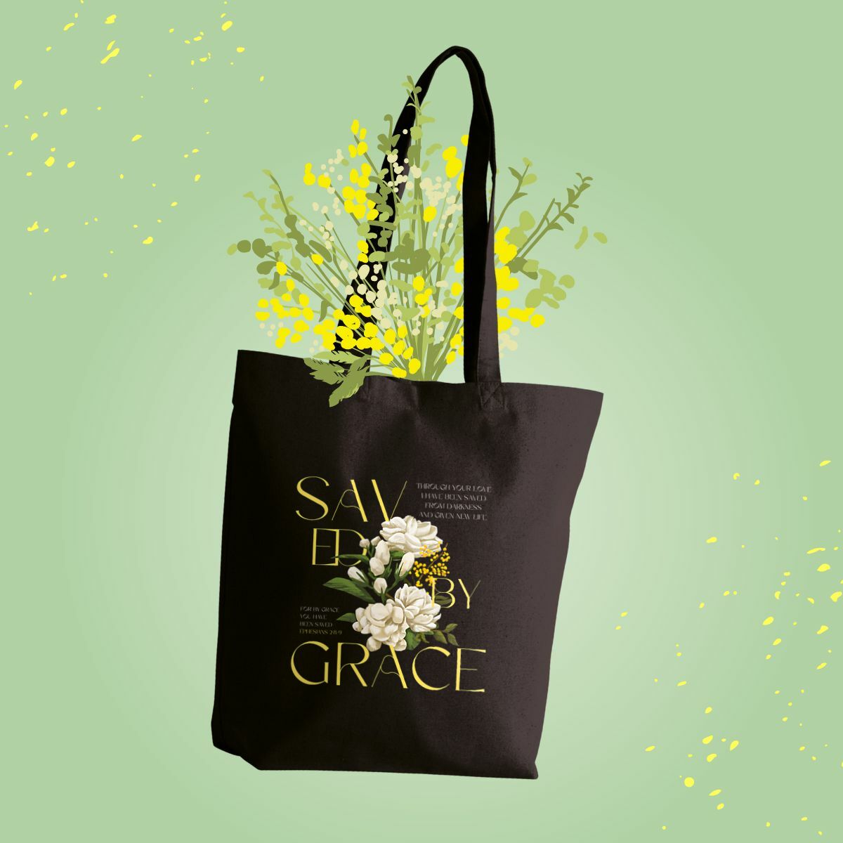 Image front heavy totebag "Saved by Grace"