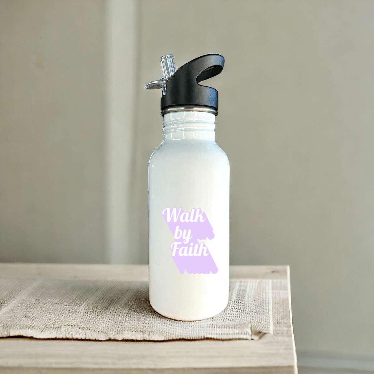 Image front Stainless steel water bottle with straw Premium+ Walk by Faith