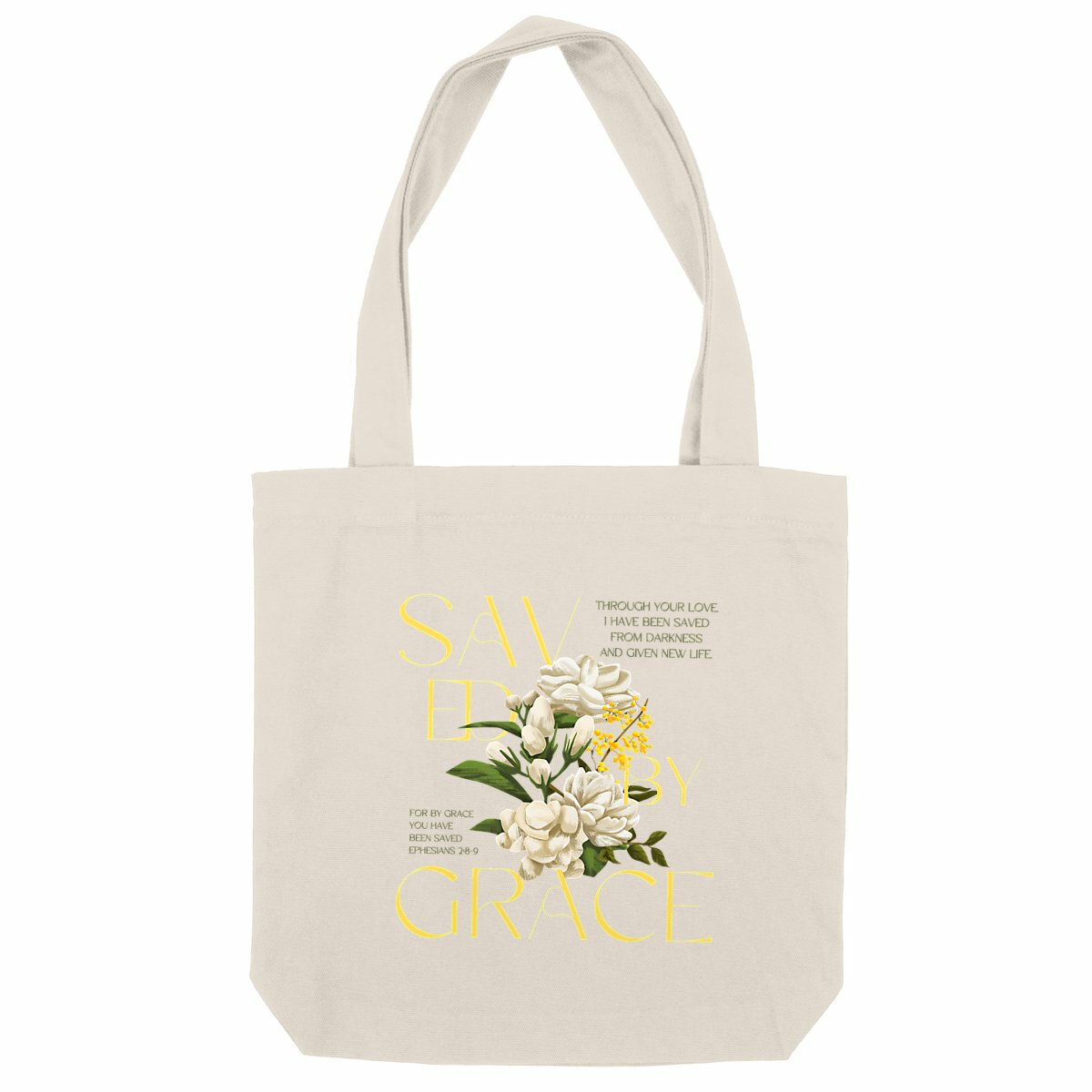 Image back heavy totebag "Saved by Grace"