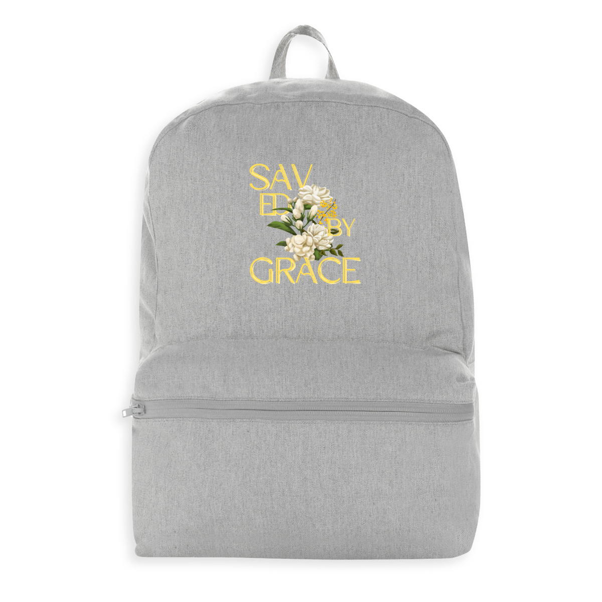 Image front backpack "Saved by grace"