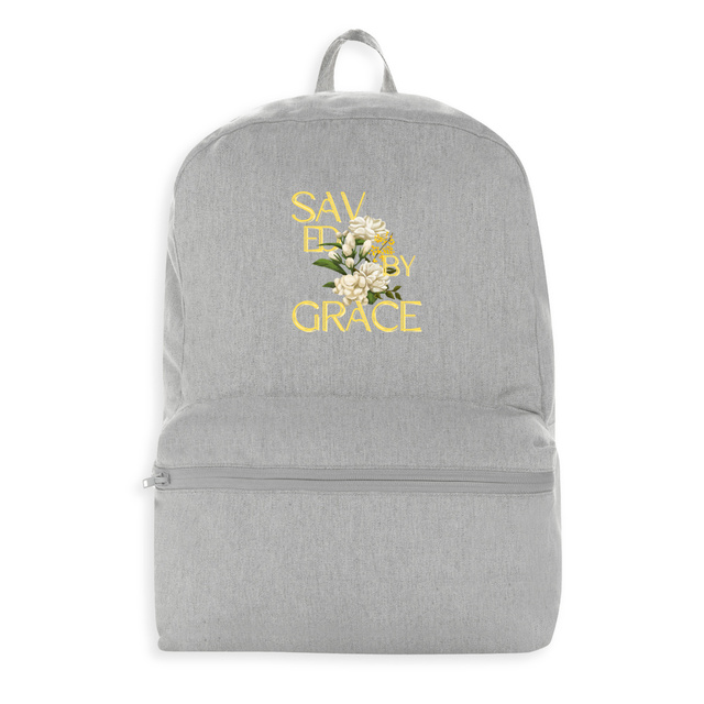 Image front backpack "Saved by grace"