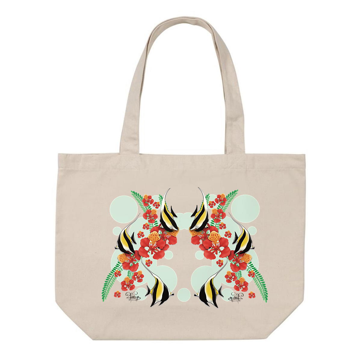 Image front Grand Tote bag- idole des maures et fleur de flamboyant 