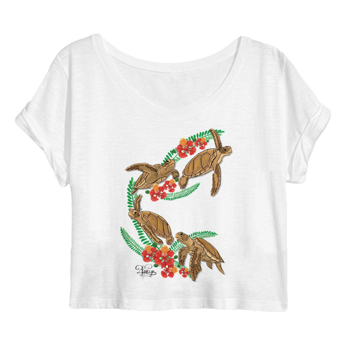 Image front Crop top- tortue verte et fleur de flamboyant 