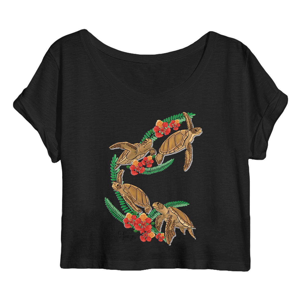 Image back Crop top- tortue verte et fleur de flamboyant 